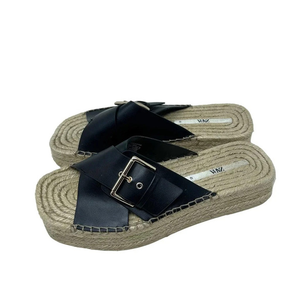 Zara Black Leather Buckle Espadrille Jute Slide Sandals Size 41‎ / US 10.5 - Picture 4 of 9